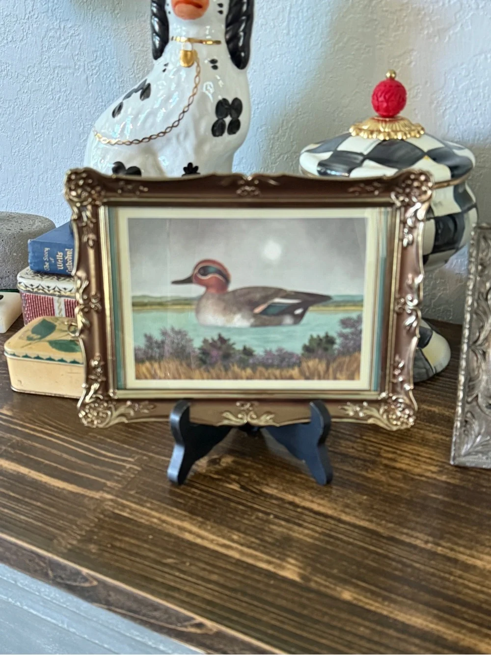 Vintage Ornate Gold Framed Duck Print by English A.F. Lydon with Wood Easel
